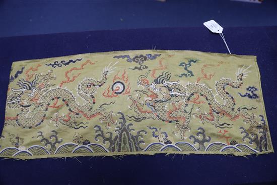 A Chinese yellow brocade dragon panel fragment, 17th century, 64.5 x 25cm